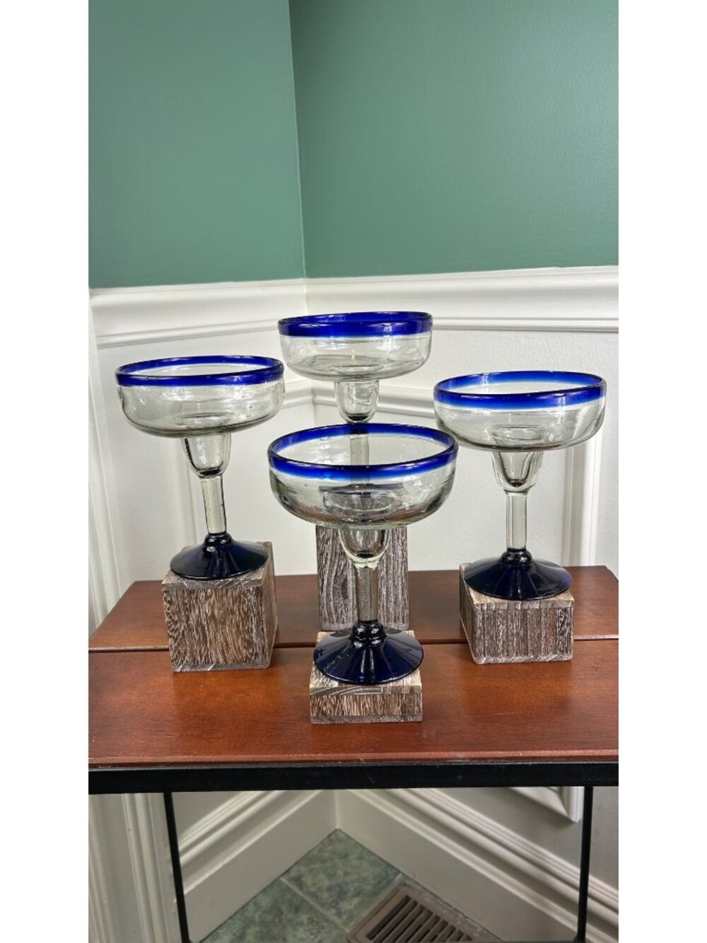 Mexican Hand Blown Blue Rimmed Stemmed Margarita Glasses.